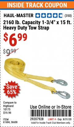 Harbor Freight ITC Coupon 1-3/4" x 15 FT. HEAVY DUTY TOW STRAP Lot No. 36608/61684 Expired: 8/31/20 - $6.99