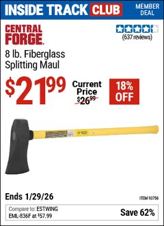 Harbor Freight ITC Coupon CENTRAL FORGE 8 LB. FIBERGLASS SPLITTING MAUL Lot No. 93758 Valid Thru: 1/29/26 - $21.99