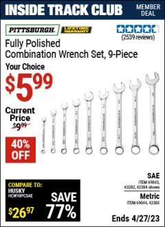 Harbor Freight ITC Coupon 9 PIECE FULLY POLISHED COMBINATION WRENCH SETS Lot No. 63282/42304/69043/63171/42305/69044 Expired: 4/27/23 - $5.99