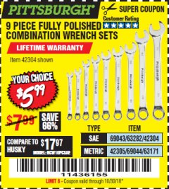 Harbor Freight Coupon 9 PIECE FULLY POLISHED COMBINATION WRENCH SETS Lot No. 63282/42304/69043/63171/42305/69044 Expired: 10/30/18 - $5.99