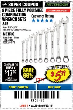 Harbor Freight Coupon 9 PIECE FULLY POLISHED COMBINATION WRENCH SETS Lot No. 63282/42304/69043/63171/42305/69044 Expired: 9/30/18 - $5.99