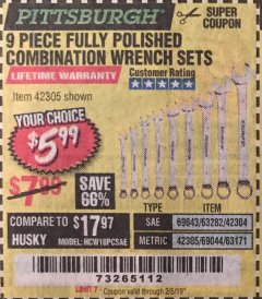 Harbor Freight Coupon 9 PIECE FULLY POLISHED COMBINATION WRENCH SETS Lot No. 63282/42304/69043/63171/42305/69044 Expired: 2/5/19 - $5.99