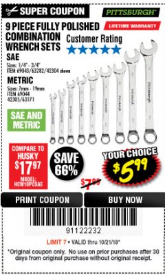 Harbor Freight Coupon 9 PIECE FULLY POLISHED COMBINATION WRENCH SETS Lot No. 63282/42304/69043/63171/42305/69044 Expired: 10/22/18 - $5.99