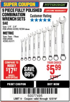 Harbor Freight Coupon 9 PIECE FULLY POLISHED COMBINATION WRENCH SETS Lot No. 63282/42304/69043/63171/42305/69044 Expired: 12/3/18 - $5.99