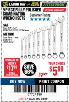 Harbor Freight Coupon 9 PIECE FULLY POLISHED COMBINATION WRENCH SETS Lot No. 63282/42304/69043/63171/42305/69044 Expired: 9/8/19 - $5.99