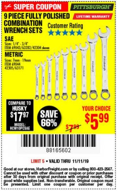 Harbor Freight Coupon 9 PIECE FULLY POLISHED COMBINATION WRENCH SETS Lot No. 63282/42304/69043/63171/42305/69044 Expired: 11/11/19 - $5.99