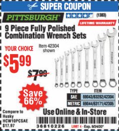 Harbor Freight Coupon 9 PIECE FULLY POLISHED COMBINATION WRENCH SETS Lot No. 63282/42304/69043/63171/42305/69044 Expired: 9/24/20 - $5.99