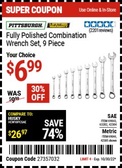 Harbor Freight Coupon 9 PIECE FULLY POLISHED COMBINATION WRENCH SETS Lot No. 63282/42304/69043/63171/42305/69044 Expired: 10/30/22 - $6.99