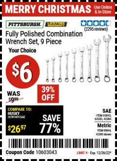 Harbor Freight Coupon 9 PIECE FULLY POLISHED COMBINATION WRENCH SETS Lot No. 63282/42304/69043/63171/42305/69044 Expired: 12/26/21 - $6