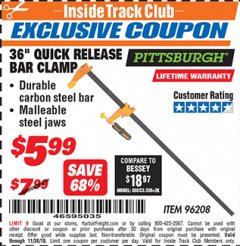 Harbor Freight ITC Coupon 36" QUICK RELEASE BAR CLAMP Lot No. 96208 Expired: 11/30/18 - $5.99