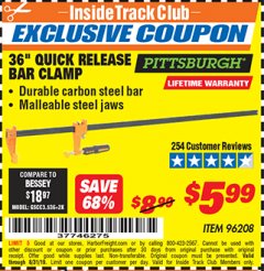 Harbor Freight ITC Coupon 36" QUICK RELEASE BAR CLAMP Lot No. 96208 Expired: 8/31/19 - $5.99