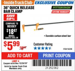 Harbor Freight ITC Coupon 36" QUICK RELEASE BAR CLAMP Lot No. 96208 Expired: 12/24/19 - $5.99