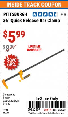 Harbor Freight ITC Coupon 36" QUICK RELEASE BAR CLAMP Lot No. 96208 Expired: 8/31/20 - $5.99
