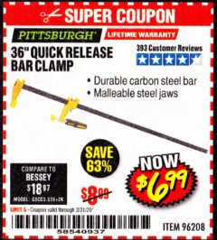 Harbor Freight Coupon 36" QUICK RELEASE BAR CLAMP Lot No. 96208 Expired: 3/31/20 - $6.99