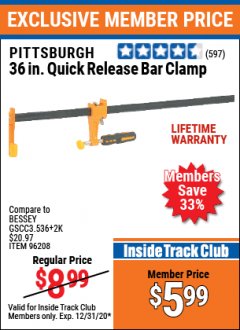 Harbor Freight ITC Coupon 36" QUICK RELEASE BAR CLAMP Lot No. 96208 Expired: 12/31/20 - $5.99
