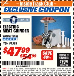Harbor Freight ITC Coupon ELECTRIC MEAT GRINDER Lot No. 99598 Expired: 8/31/18 - $47.99