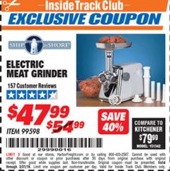 Harbor Freight ITC Coupon ELECTRIC MEAT GRINDER Lot No. 99598 Expired: 3/31/19 - $47.99