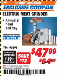 Harbor Freight ITC Coupon ELECTRIC MEAT GRINDER Lot No. 99598 Expired: 10/31/19 - $47.99