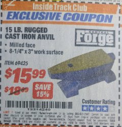 Harbor Freight ITC Coupon 15 LB. RUGGED CAST IRON ANVIL Lot No. 3999/69425 Expired: 7/31/18 - $15.99