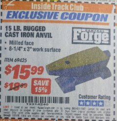 Harbor Freight ITC Coupon CENTRAL FORGE 15 LB. RUGGED CAST IRON ANVIL Lot No. 69425 Expired: 7/31/18 - $15.99