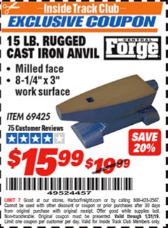 Harbor Freight ITC Coupon CENTRAL FORGE 15 LB. RUGGED CAST IRON ANVIL Lot No. 69425 Expired: 1/31/19 - $15.99