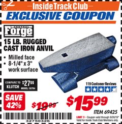 Harbor Freight ITC Coupon 15 LB. RUGGED CAST IRON ANVIL Lot No. 3999/69425 Expired: 9/30/19 - $15.99