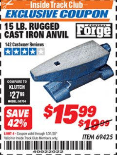 Harbor Freight ITC Coupon 15 LB. RUGGED CAST IRON ANVIL Lot No. 3999/69425 Expired: 1/31/20 - $15.99