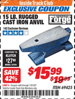 Harbor Freight ITC Coupon CENTRAL FORGE 15 LB. RUGGED CAST IRON ANVIL Lot No. 69425 Expired: 1/31/20 - $15.99
