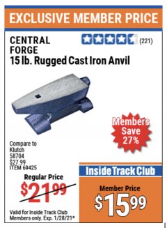 Harbor Freight ITC Coupon CENTRAL FORGE 15 LB. RUGGED CAST IRON ANVIL Lot No. 69425 Expired: 1/28/21 - $15.99