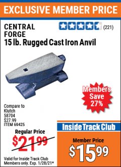 Harbor Freight ITC Coupon CENTRAL FORGE 15 LB. RUGGED CAST IRON ANVIL Lot No. 69425 Expired: 1/28/21 - $15.99
