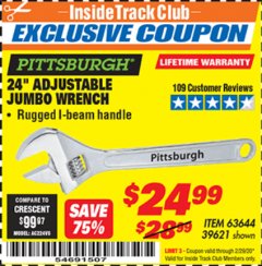 Harbor Freight ITC Coupon 24" ADJUSTABLE JUMBO WRENCH Lot No. 39621/60702 Expired: 2/29/20 - $24.99