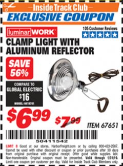 Harbor Freight ITC Coupon CLAMP LIGHT WITH ALUMINUM REFLECTOR Lot No. 67651 Expired: 1/31/19 - $6.99