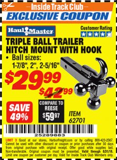 Harbor Freight ITC Coupon HAUL-MASTER TRIPLE-BALL TRAILER HITCH MOUNT WITH HOOK Lot No. 62701 Expired: 8/31/18 - $29.99