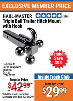 Harbor Freight ITC Coupon TRIPLE BALL TRAILER HITCH MOUNT WITH HOOK Lot No. 62701 Expired: 12/31/20 - $29.99