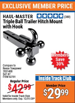 Harbor Freight ITC Coupon HAUL-MASTER TRIPLE-BALL TRAILER HITCH MOUNT WITH HOOK Lot No. 62701 Expired: 12/31/20 - $29.99