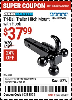 Harbor Freight Coupon HAUL-MASTER TRI-BALL TRAILER HITCH MOUNT WITH HOOK Lot No. 62701 Valid Thru: 5/25/26 - $37.99