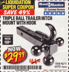 Harbor Freight Coupon HAUL-MASTER TRIPLE-BALL TRAILER HITCH MOUNT WITH HOOK Lot No. 62701 Expired: 5/31/19 - $29.99