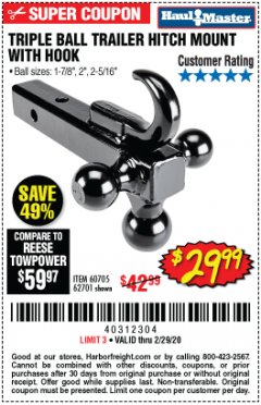 Harbor Freight Coupon TRIPLE BALL TRAILER HITCH MOUNT WITH HOOK Lot No. 62701 Expired: 2/29/20 - $29.99