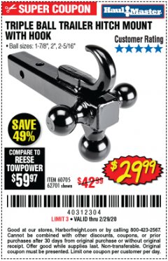 Harbor Freight Coupon HAUL-MASTER TRIPLE-BALL TRAILER HITCH MOUNT WITH HOOK Lot No. 62701 Expired: 2/29/20 - $29.99