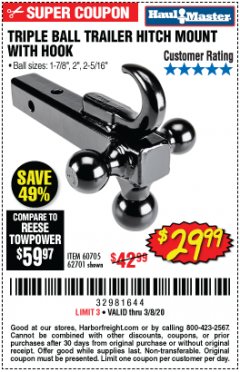 Harbor Freight Coupon HAUL-MASTER TRIPLE-BALL TRAILER HITCH MOUNT WITH HOOK Lot No. 62701 Expired: 3/8/20 - $29.99