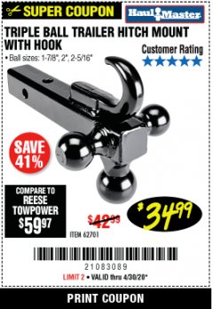 Harbor Freight Coupon HAUL-MASTER TRIPLE-BALL TRAILER HITCH MOUNT WITH HOOK Lot No. 62701 Expired: 6/30/20 - $34.99