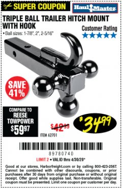 Harbor Freight Coupon HAUL-MASTER TRIPLE-BALL TRAILER HITCH MOUNT WITH HOOK Lot No. 62701 Expired: 6/30/20 - $34.99