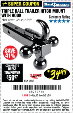 Harbor Freight Coupon HAUL-MASTER TRIPLE-BALL TRAILER HITCH MOUNT WITH HOOK Lot No. 62701 Expired: 6/30/20 - $34.99