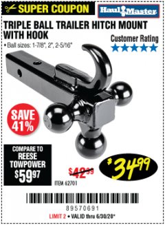 Harbor Freight Coupon TRIPLE BALL TRAILER HITCH MOUNT WITH HOOK Lot No. 62701 Expired: 6/30/20 - $34.99