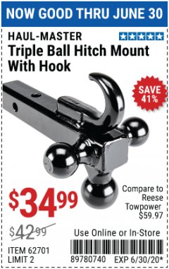 Harbor Freight Coupon HAUL-MASTER TRIPLE-BALL TRAILER HITCH MOUNT WITH HOOK Lot No. 62701 Expired: 6/30/20 - $34.99