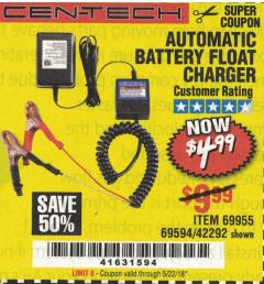 Harbor Freight Coupon AUTOMATIC BATTERY FLOAT CHARGER Lot No. 64284/42292/69594/69955 Expired: 5/22/18 - $4.99