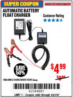 Harbor Freight Coupon AUTOMATIC BATTERY FLOAT CHARGER Lot No. 64284/42292/69594/69955 Expired: 5/21/18 - $4.99