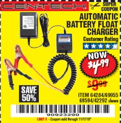 Harbor Freight Coupon AUTOMATIC BATTERY FLOAT CHARGER Lot No. 64284/42292/69594/69955 Expired: 11/17/18 - $4.99
