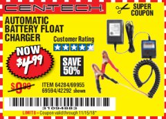 Harbor Freight Coupon AUTOMATIC BATTERY FLOAT CHARGER Lot No. 64284/42292/69594/69955 Expired: 11/15/18 - $4.99