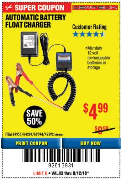 Harbor Freight Coupon AUTOMATIC BATTERY FLOAT CHARGER Lot No. 64284/42292/69594/69955 Expired: 8/12/18 - $4.99